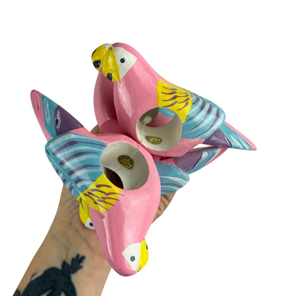 Wood Hand Painted Tropical Parrots Napkin Holders- Set/4 NWOT Pink Blue Yellow
